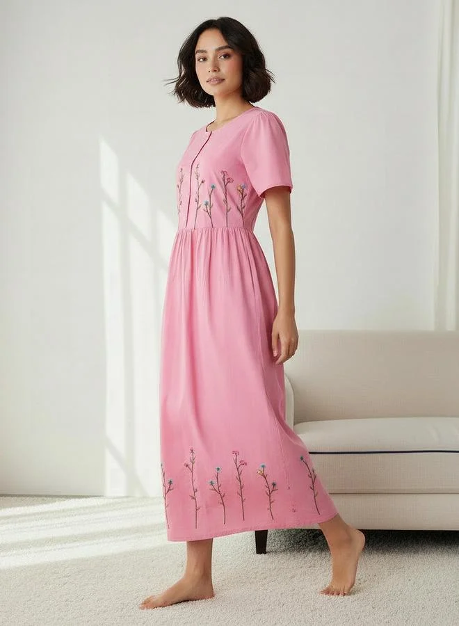 Splash FAV Night Dress Short Sleeves with Floral Embroidery Cotton