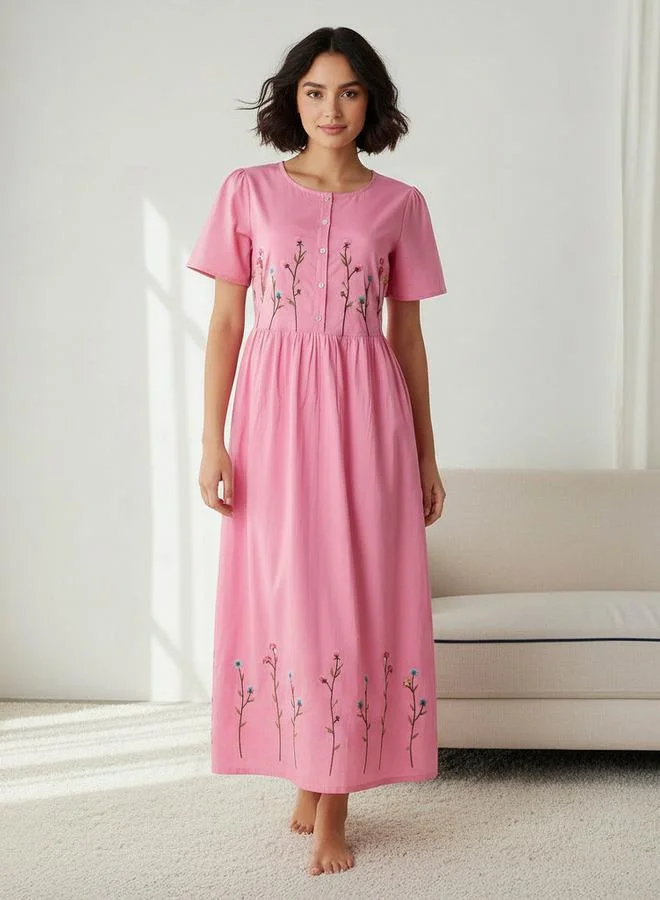 Splash FAV Night Dress Short Sleeves with Floral Embroidery Cotton