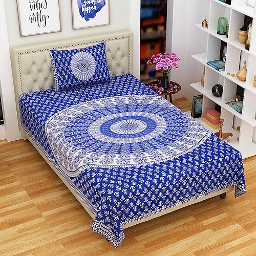 RajasthaniKart® Comfort Rajasthani Jaipuri Traditional Sanganeri Print 144 TC 100% Cotton Single Bedsheet with 1 Pillow Cover SB-256 (Blue) - Image 1