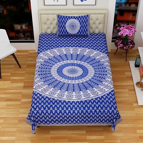 RajasthaniKart® Comfort Rajasthani Jaipuri Traditional Sanganeri Print 144 TC 100% Cotton Single Bedsheet with 1 Pillow Cover SB-256 (Blue) - Image 2