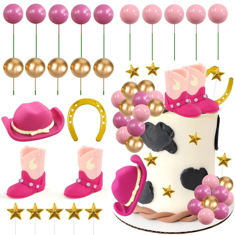 MEMOVAN Cowgirl Cake Topper 24PCS Cowboy Western Cake Decorations Cowgirl Hat and Boots Birthday Cake Toppers Pink Cow Balls Cake Topper for Cowgirls Western Theme Party Favors - Image 1