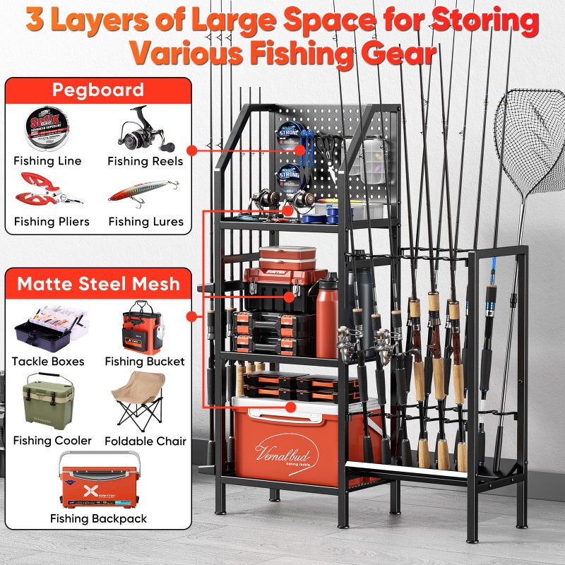 POKIPO Fishing Rod Holders for Garage,Fishing Rod Rack Storage up to 18 Rods,3 Tier Adjust Heavy Duty Metal Fish Pole Stand Organizer with Pegboard for Fishing Gear and Equipment Accessories - Image 3