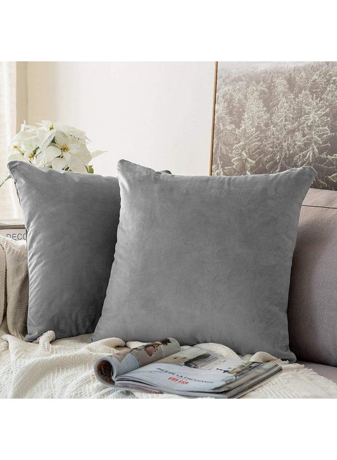 Khooti Khooti Decorative Velvet Square Cushion Cover Throw Pillow Cover for Living Room Couch Single Seater Sofa, Colourful Modern 16 x 16 Inches / 40.6 x 40.6 cm (Colour - Light Grey)(Set of 2 Pieces) - Image 1