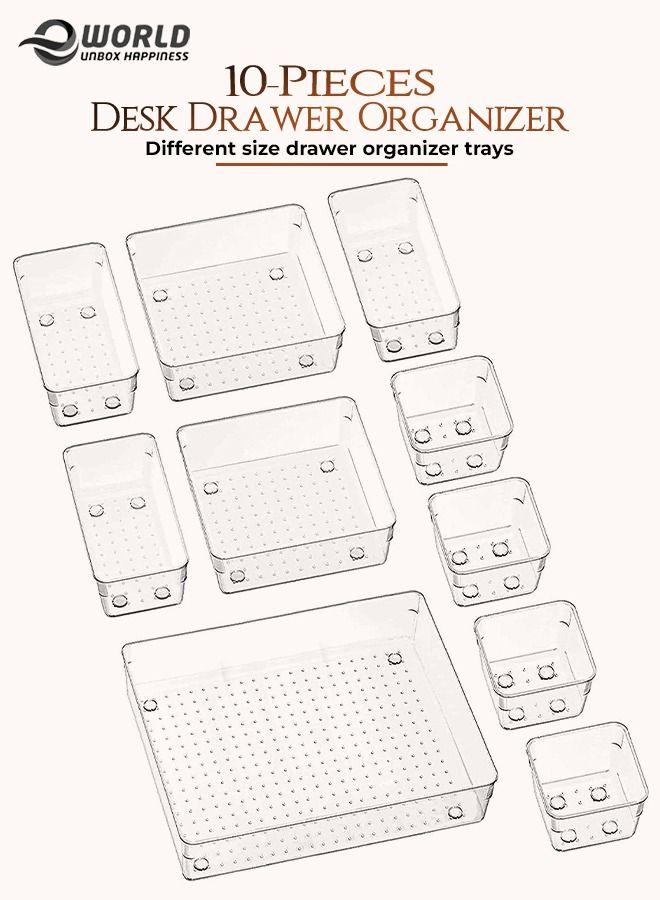 إي وورلد 10 قطعة من البلاستيك الشفاف درج درج درج درج فاصل فاصل تخزين مربع الحمام خزانة زينة تخزين مربع مستحضرات التجميل وأدوات المطبخ مع حاوية بلاستيكية صغيرة كبيرة - Image 1