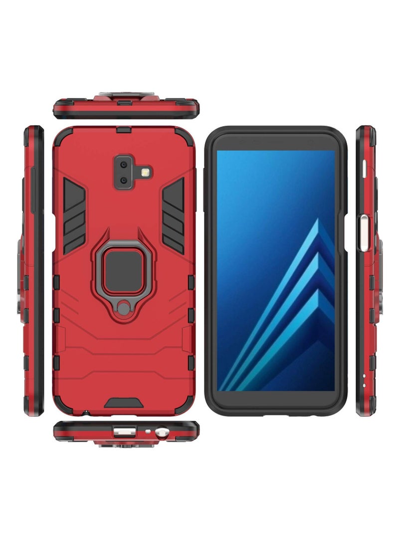 مايجين متوافق مع هاتف Galaxy J6 Plus 2018، جراب معدني بمقبض حلقي وغطاء ممتص للصدمات صلب مقاوم للصدمات يعمل مع حامل مغناطيسي للسيارة وغطاء متين بطبقة مزدوجة لهاتف Samsung Galaxy J6 Plus أحمر - Image 4