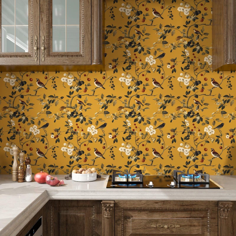Laatse Vintage Bird Wallpaper 17.5"x393" Yellow Chinoiserie Floral Wallpaper Peel and Stick Removable Waterproof Self Adhesive Boho Wall Paper Floral Contact Paper for Bedroom Walls Cabinet Locker - Image 2