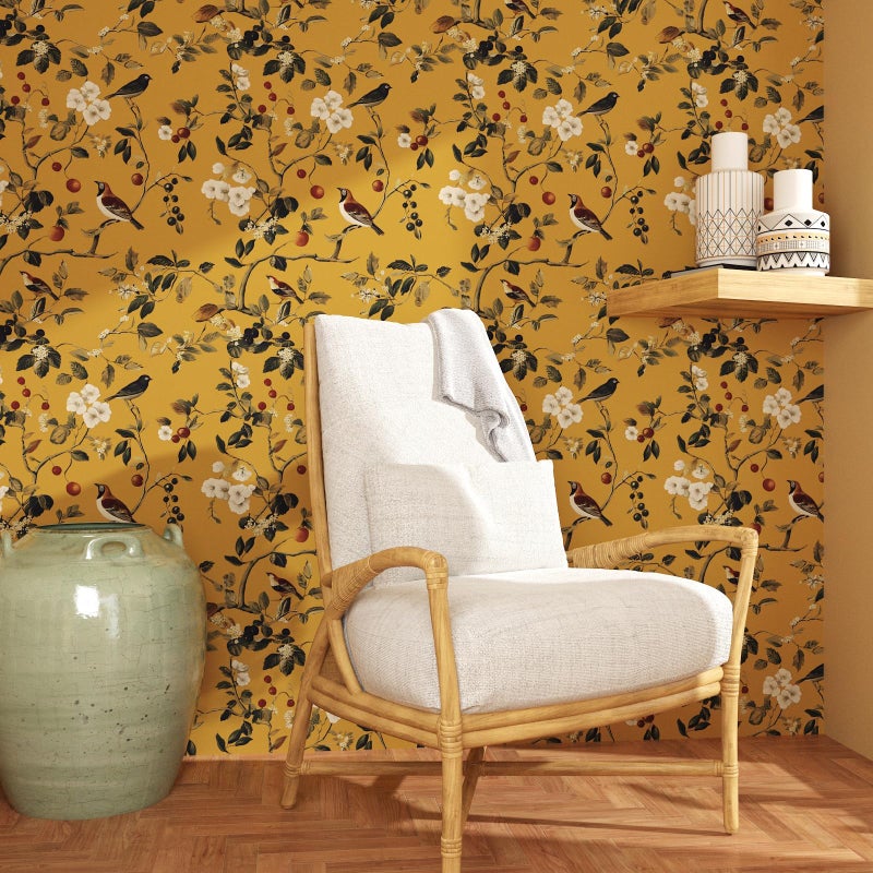 Laatse Vintage Bird Wallpaper 17.5"x393" Yellow Chinoiserie Floral Wallpaper Peel and Stick Removable Waterproof Self Adhesive Boho Wall Paper Floral Contact Paper for Bedroom Walls Cabinet Locker - Image 4