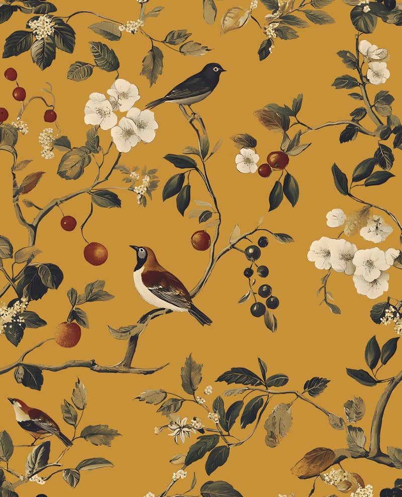 Laatse Vintage Bird Wallpaper 17.5"x393" Yellow Chinoiserie Floral Wallpaper Peel and Stick Removable Waterproof Self Adhesive Boho Wall Paper Floral Contact Paper for Bedroom Walls Cabinet Locker - Image 1