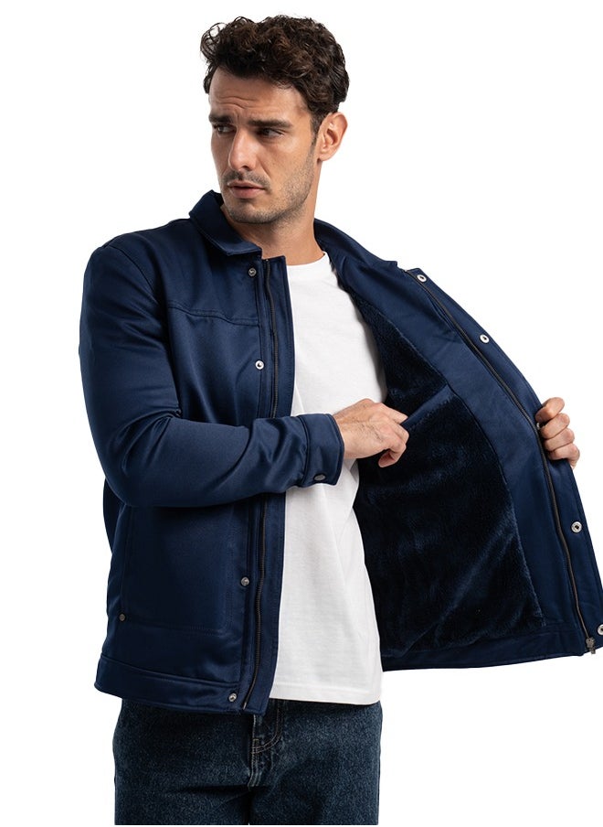 clever Men's Gabardine Jacket -With Collar With Fur- Navy Blue  - Image 1
