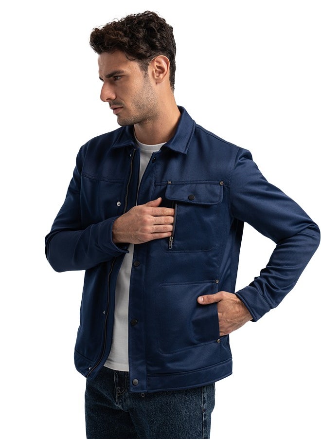 clever Men's Gabardine Jacket -With Collar With Fur- Navy Blue  - Image 2