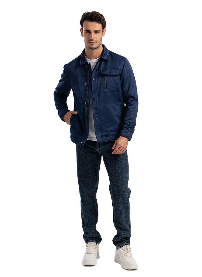 clever Men's Gabardine Jacket -With Collar With Fur- Navy Blue  - Image 4