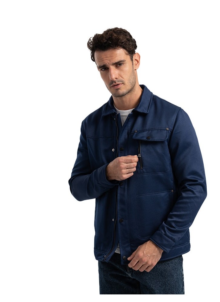 clever Men's Gabardine Jacket -With Collar With Fur- Navy Blue  - Image 5