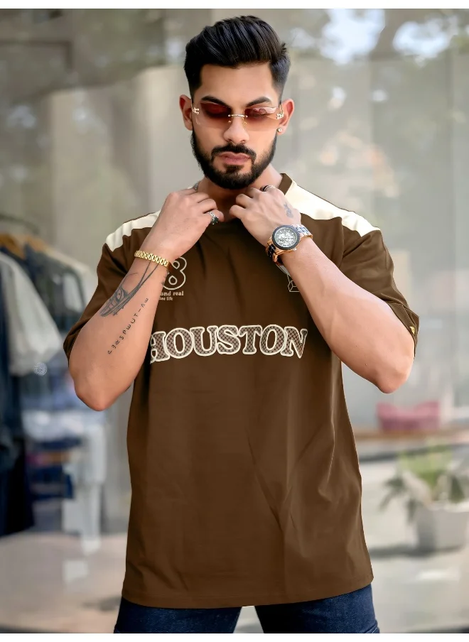 Maniac Mens Printed Round Neck 3/4th Sleeve Brown and Beige Cotton T-Shirt