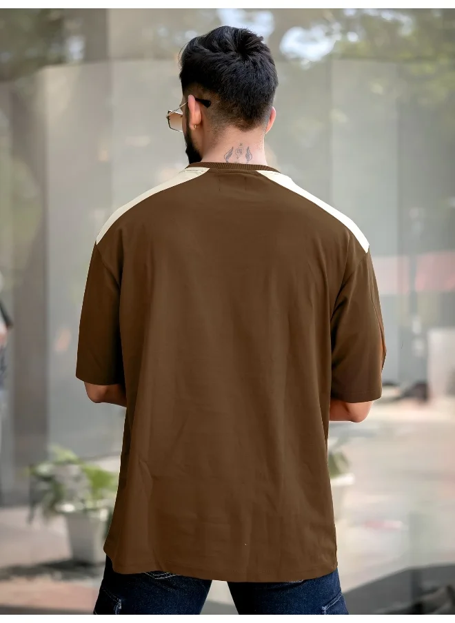 Maniac Mens Printed Round Neck 3/4th Sleeve Brown and Beige Cotton T-Shirt
