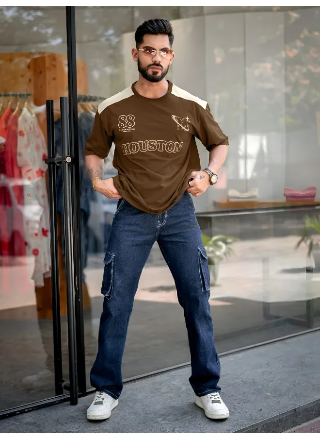 Maniac Mens Printed Round Neck 3/4th Sleeve Brown and Beige Cotton T-Shirt