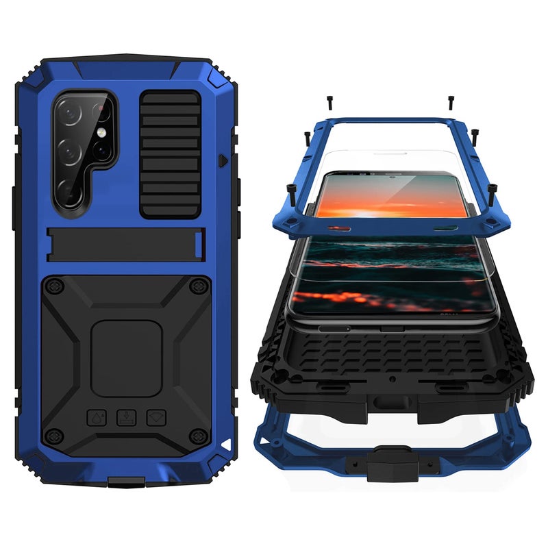 Simicoo Metal Cell Phone Case with Screen Protector for Samsung S22 Ultra Blue Military Rugged Heavy Duty Shockproof