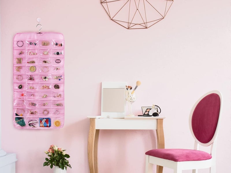 Bloss Valentines Day Gifts for Her,Pink Hanging Jewelry Organizer with 80 Pockets Jewelry Organizers and Storage, Earring Organizer Holder For Jewelry Earring Storage Dating Gifts for Wowen - Image 2