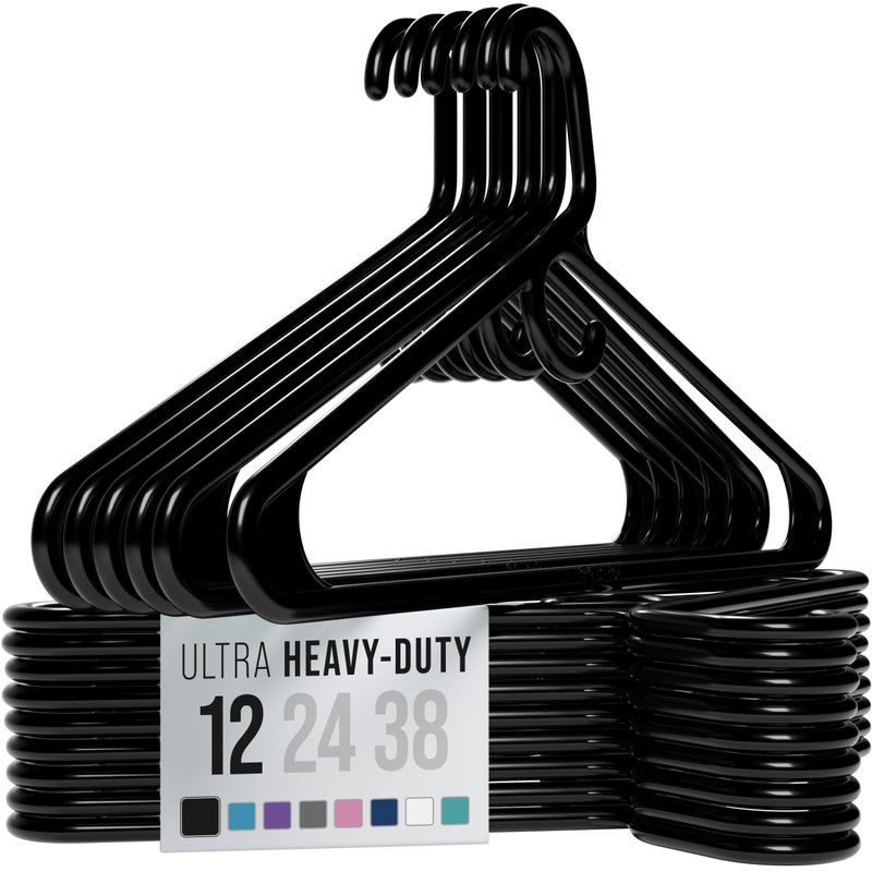 NEATERIZE Thick Heavy Duty Hangers - Black Plastic Clothes Hangers 12 Pack - Great for Coat Hanger, Jackets Jeans & Suit Hanger for Closet - New Apartment Essentials Percheros Ganchos para Colgar Ropa - Image 1