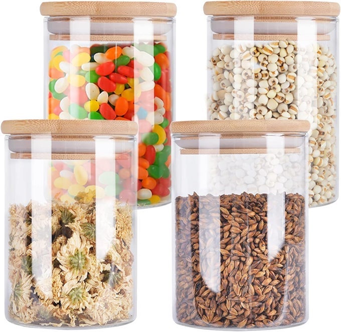 GLASS JARS FOR KITCHEN AND GLASS STORAGE CONTAINER WITH LID AIRTIGHT FOOD STORAGE CONTAINER BAMBOO CLEAR CANISTERS HOLD COFFEE BEANS CANDY NUTS SUGARSET OF 3 SIZE 270ML