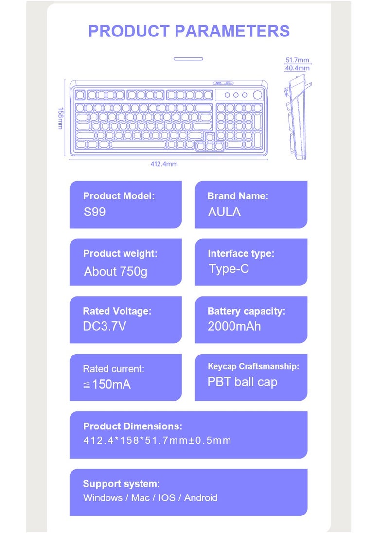 AULA - S99 Keys Creamy Gaming Keyboard, Tri-Mode Bluetooth/2.4GHz/USB-C Retro Keyboard with NumberPad RGB Backlit, Media Knob Programmable Membrane Computer Keyboard - Image 1