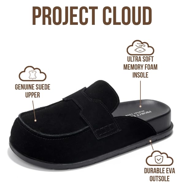 Project Cloud Genuine Leather Womens Clog - Memory Foam Arch Support Non-Slip Sole Mules & Clogs for Women Footwear - Platform Winter Shoes (Foamy, BLKSUEDE, 5.5) - Image 2
