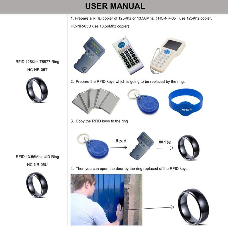 hecere T5577 or UID chip RFID Black Ceramics Smart Finger rewrite Ring 125KHZ/13.56MHZ Wear for Men or Women (Programmed 125khz-19mm) - Image 5