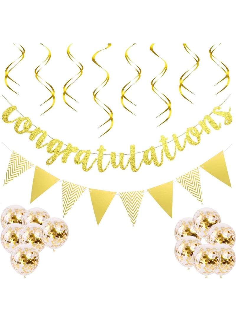 Congratulations Banner, Graduation Banner and Retirement Decorations, 2 Golden Banners set, 12 Gold Glitter Balloons, Graduation Decorations and Retirement Banners for Parties