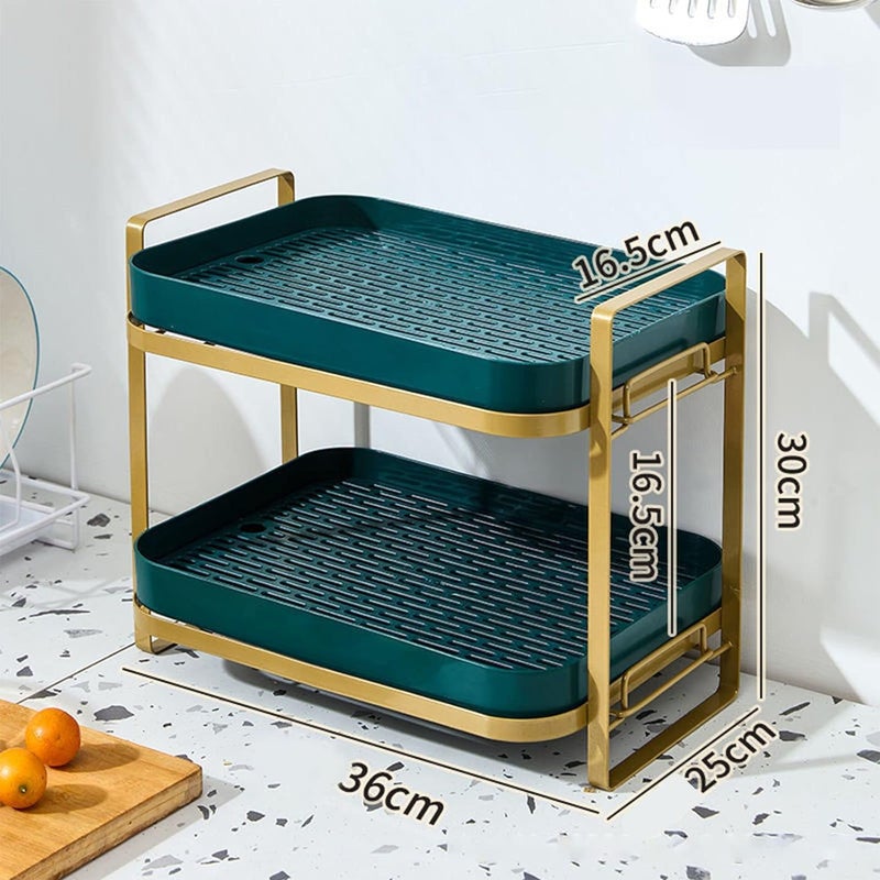 Ndola Double Drain Shelf Organiser Multipurpose Storage Rack for Bathroom Room Kitchen Cosmetics Stationery Wardrobe Sink Utensils Vegetable Drying Shelf with Drain Tray Green - Image 2