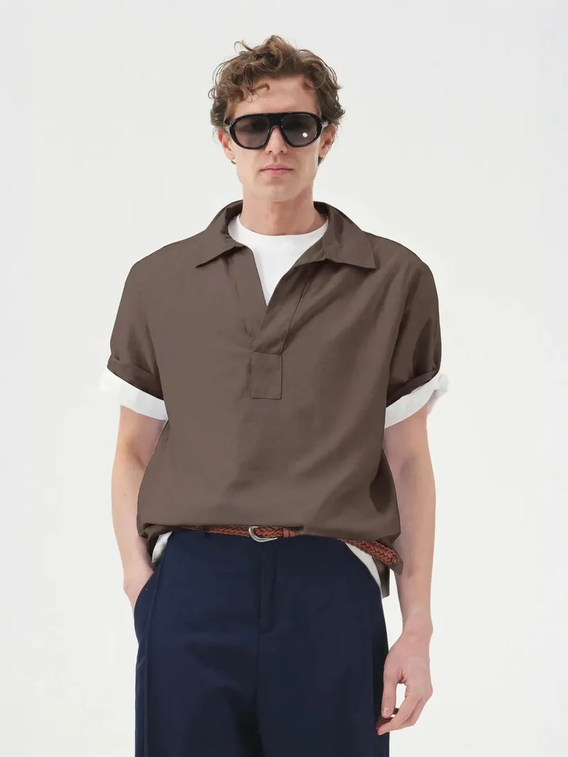 Giesto Beaver Brown GIESTO Relaxed Fit Short Sleeve Poplin Shirt for Men | Best Price UAE