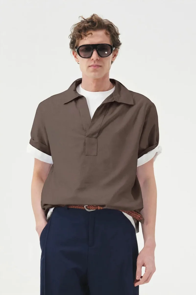 Giesto Beaver Brown GIESTO Relaxed Fit Short Sleeve Poplin Shirt for Men | Best Price UAE