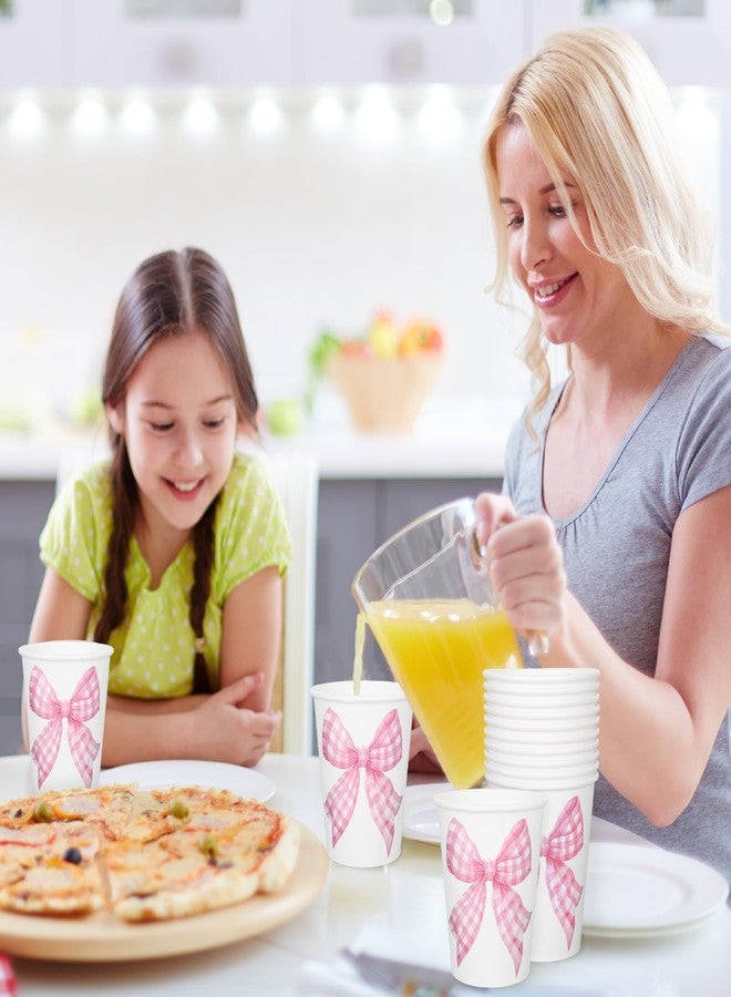 Whaline 50Pcs Bow Coquette Paper Cups Pink Plaid Ribbon Bowknot Disposable Cups For Hot Cold Drinks Birthday Baby Shower Party Table Decor Supplies, 9 Oz - Image 4