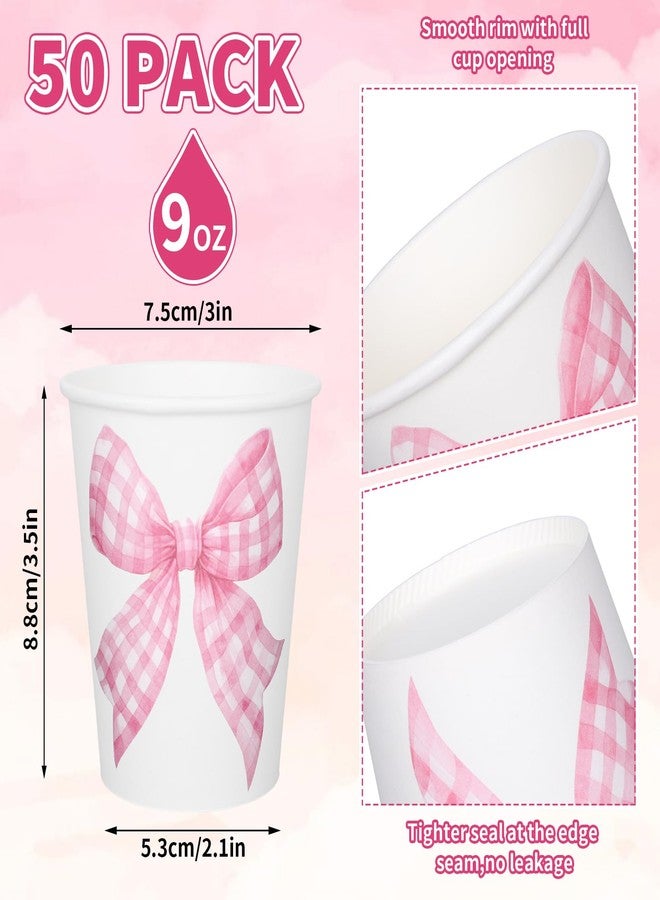 Whaline 50Pcs Bow Coquette Paper Cups Pink Plaid Ribbon Bowknot Disposable Cups For Hot Cold Drinks Birthday Baby Shower Party Table Decor Supplies, 9 Oz - Image 2