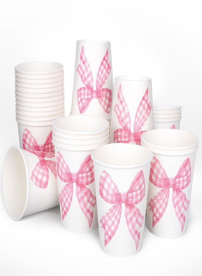 Whaline 50Pcs Bow Coquette Paper Cups Pink Plaid Ribbon Bowknot Disposable Cups For Hot Cold Drinks Birthday Baby Shower Party Table Decor Supplies, 9 Oz - Image 1