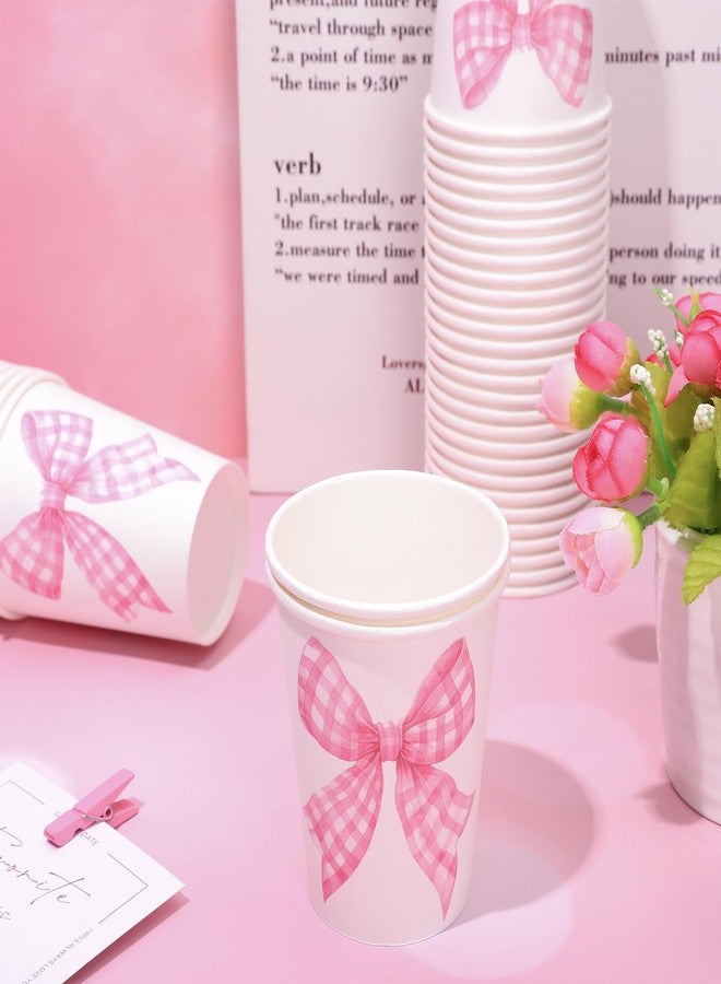 Whaline 50Pcs Bow Coquette Paper Cups Pink Plaid Ribbon Bowknot Disposable Cups For Hot Cold Drinks Birthday Baby Shower Party Table Decor Supplies, 9 Oz - Image 3