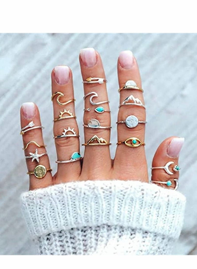 Excefore Rings Sets, Boho Retro Stackable Geometric Metal Ring for Teen Girls Women, Peak Sea Wave Compass Turquoise Rhinestone Knuckle Joint Finger Kunckle Nail Ring Sets (19 Pcs) - Image 2