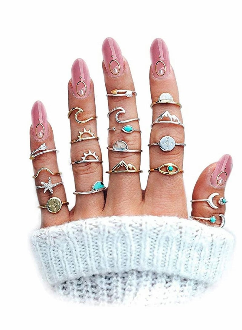 Excefore Rings Sets, Boho Retro Stackable Geometric Metal Ring for Teen Girls Women, Peak Sea Wave Compass Turquoise Rhinestone Knuckle Joint Finger Kunckle Nail Ring Sets (19 Pcs) - Image 1