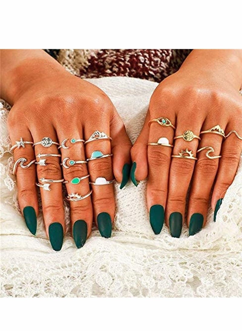 Excefore Rings Sets, Boho Retro Stackable Geometric Metal Ring for Teen Girls Women, Peak Sea Wave Compass Turquoise Rhinestone Knuckle Joint Finger Kunckle Nail Ring Sets (19 Pcs) - Image 5