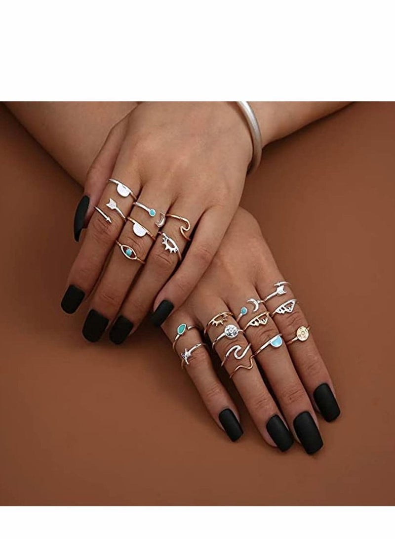 Excefore Rings Sets, Boho Retro Stackable Geometric Metal Ring for Teen Girls Women, Peak Sea Wave Compass Turquoise Rhinestone Knuckle Joint Finger Kunckle Nail Ring Sets (19 Pcs) - Image 3
