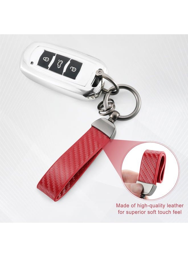 JUSTTOP Leather Keychain, Carbon Fiber Car Key Chain with Anti-Lost D-Ring and 2 Key Ring, Car Accessories, Universal Keychain for Men and Women (Red) - Image 3