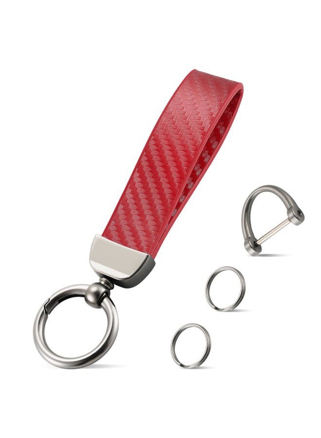 JUSTTOP Leather Keychain, Carbon Fiber Car Key Chain with Anti-Lost D-Ring and 2 Key Ring, Car Accessories, Universal Keychain for Men and Women (Red) - Image 1