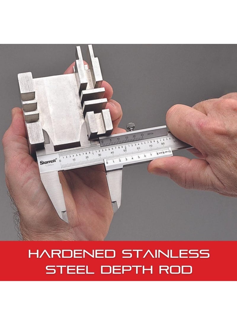 Starrett Starrett Vernier Caliper with Hardened Stainless Steel Depth Rod Lock Screw and Sharp Black Graduation  Metric English 06 Range 001 Graduation  125MEA6150  - Image 3