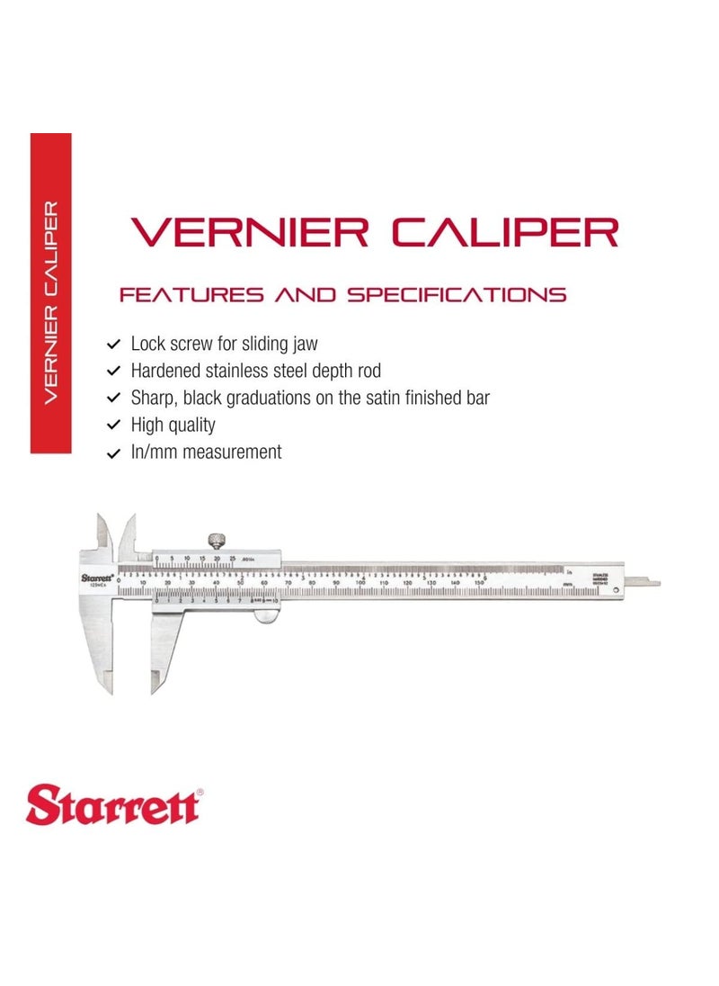 Starrett Starrett Vernier Caliper with Hardened Stainless Steel Depth Rod Lock Screw and Sharp Black Graduation  Metric English 06 Range 001 Graduation  125MEA6150  - Image 2