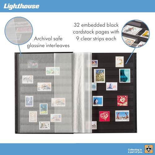 LIGHTHOUSE – “COMFORT” Padded Leather Cover Stockbook for Stamps - 32 Black Cardstock A4 Pages with Clear Strips and Double Linen Hinges - Black - Image 2