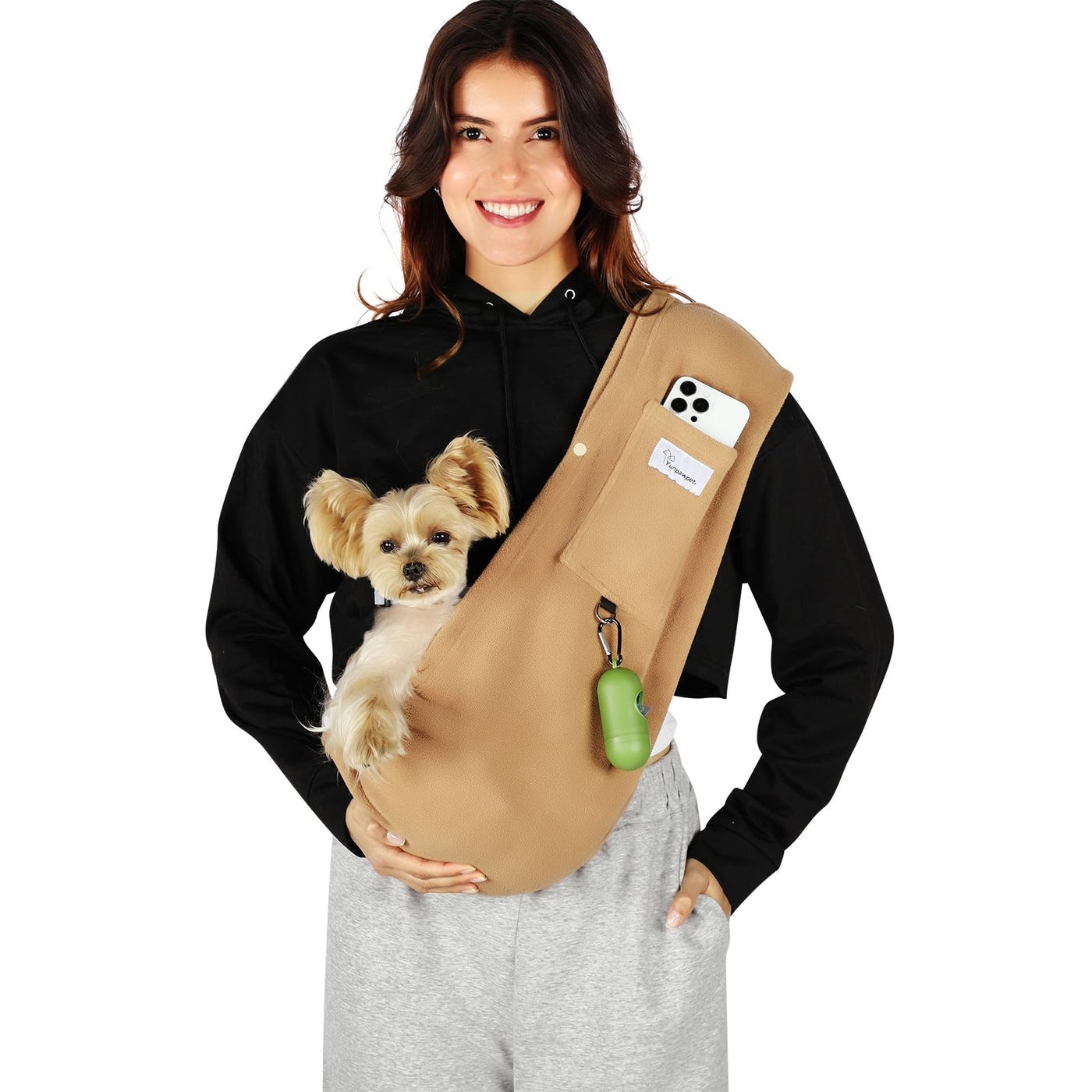 Yunpawpet Dog Carrier Sling,Indoor Comfort Adjustable Cat Sling Carrier,with Front Pocket and Seat Belt Dog Carriers for Small Dogs Machine Washable,Suitable for Family Outdoor Use (Medium, Khaki)