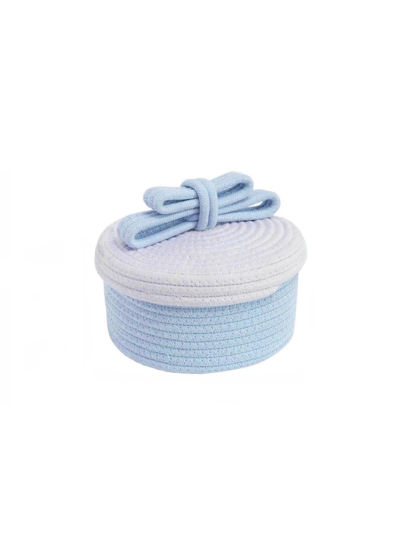 Woven Cotton Rope Storage Basket - Boho Makeup & Accessories Organizer - Round Decorative Bin for Vanity, Bedroom & Nursery - White & blue - Image 1