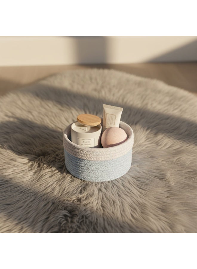 Woven Cotton Rope Storage Basket - Boho Makeup & Accessories Organizer - Round Decorative Bin for Vanity, Bedroom & Nursery - White & blue - Image 4