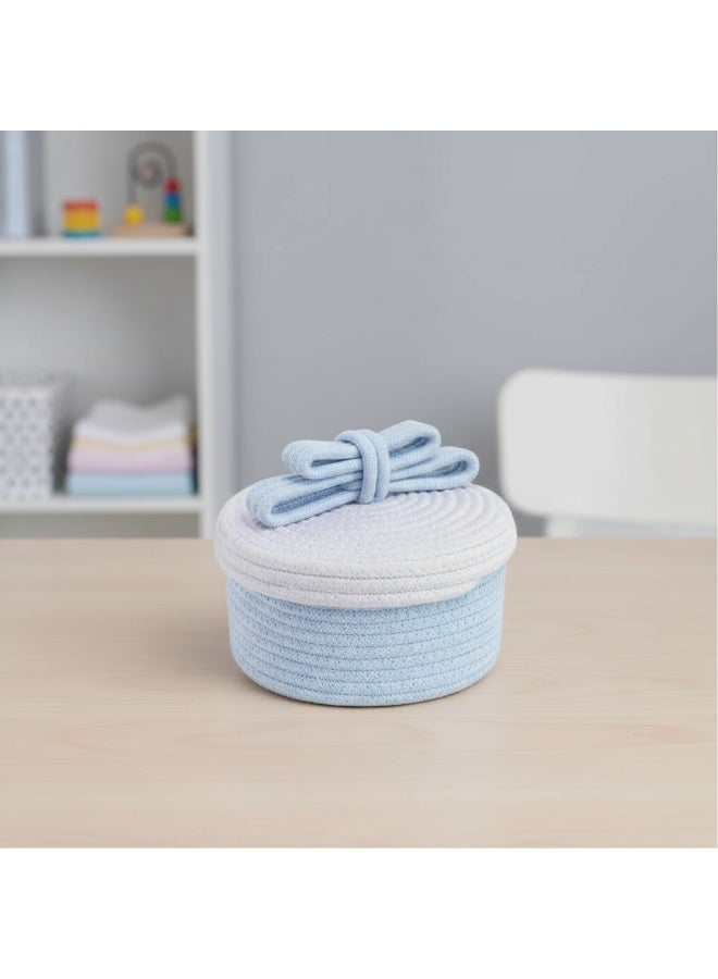 Woven Cotton Rope Storage Basket - Boho Makeup & Accessories Organizer - Round Decorative Bin for Vanity, Bedroom & Nursery - White & blue - Image 5