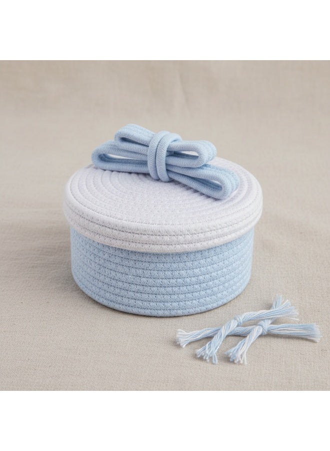 Woven Cotton Rope Storage Basket - Boho Makeup & Accessories Organizer - Round Decorative Bin for Vanity, Bedroom & Nursery - White & blue - Image 3