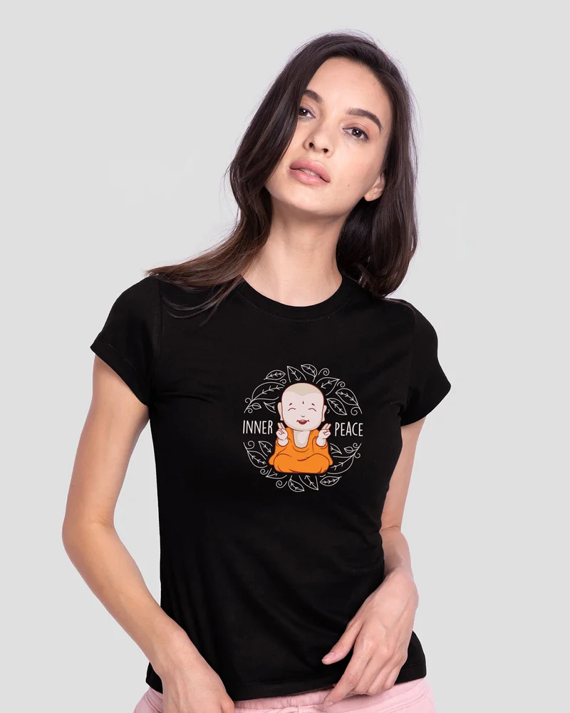 بيواكوف Women's Black Inner Peace Graphic Printed Slim Fit T-shirt
