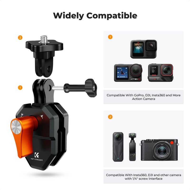 K&F Concept حامل زجاج أمامي للدراجات النارية من K&F CONCEPT لكاميرات GoPro Hero 13/12/11/10/9 باللون الأسود، مشبك كاميرا من سبائك الألمنيوم مع محول 1/4 بوصة لكاميرات DJI Osmo Action 6/3/4/5 Pro Insta360 X5/X4، ملحقات كاميرات الحركة - Image 5